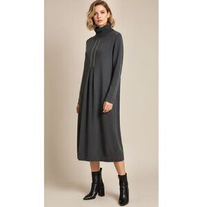 Fabiana Filippi Charcoal Cashmere & Silk Turtleneck Midi Dress Size XL, IT 48